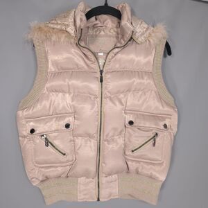 Palomares Fashions Down Vest Size L Sleeveless Hooded Faux Fur Trim Puffer Beige